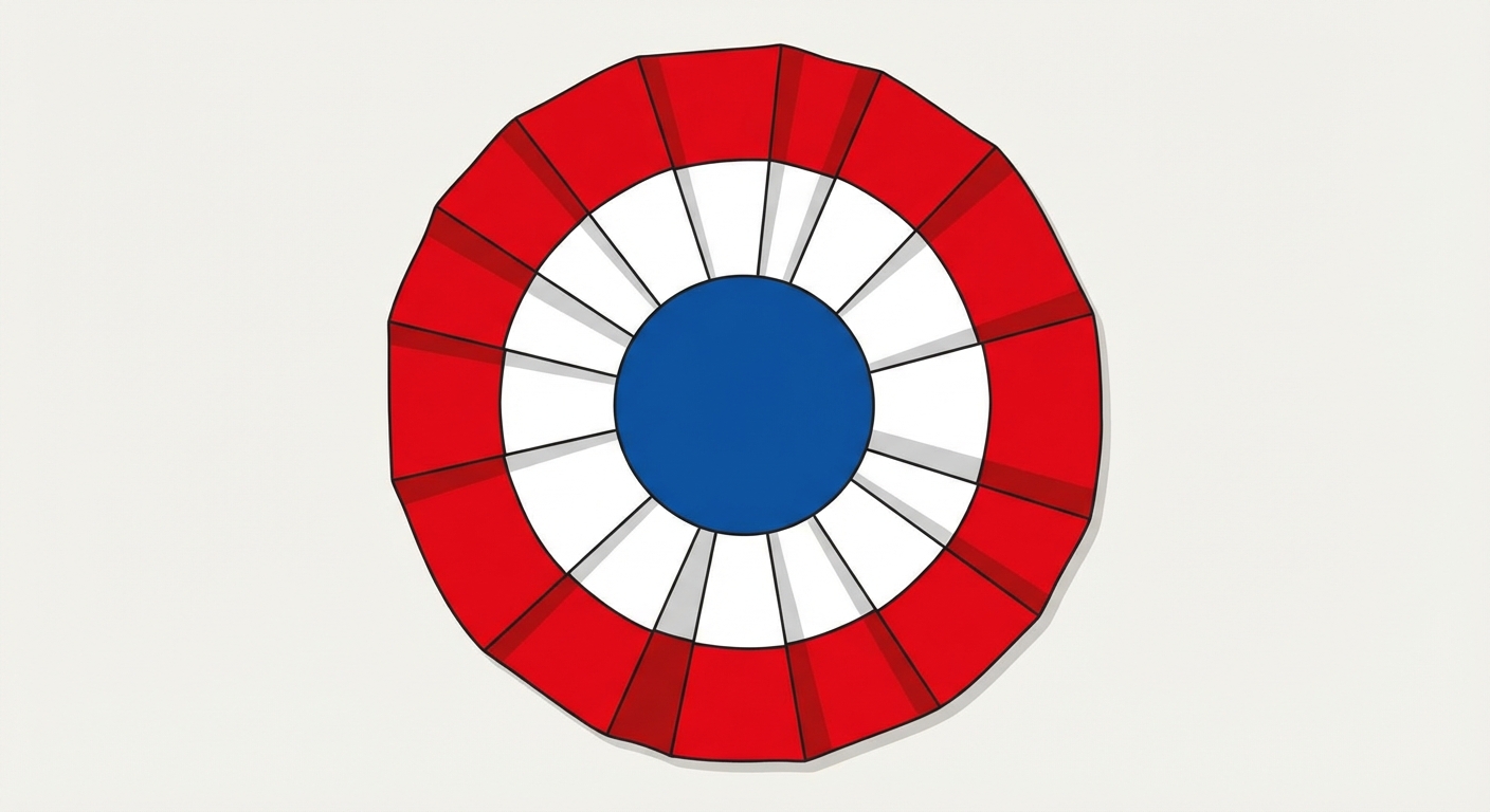 Gros plan sur un insigne rond en tissu plissé (une cocarde). Le centre est un rond bleu, entouré d'un cercle blanc, lui-même entouré d'un cercle rouge. Fond neutre.