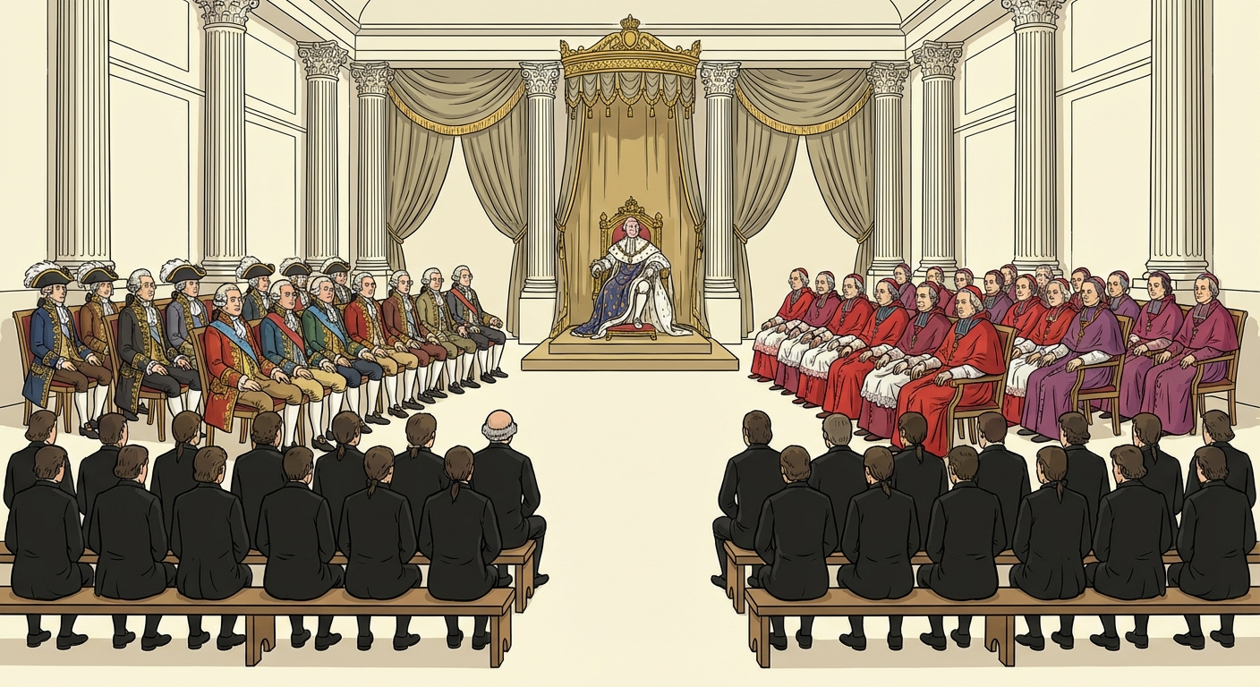 Illustration historique simple : une grande salle richement décorée (colonnes, rideaux). Le roi Louis XVI est assis sur un trône en hauteur au fond. Devant lui, sur les côtés, des rangées de députés assis : à gauche les nobles avec des chapeaux à plumes, à droite le clergé en robes rouges ou violettes, et au fond assis sur des bancs simples, beaucoup d'hommes en noir représentant le Tiers-État.