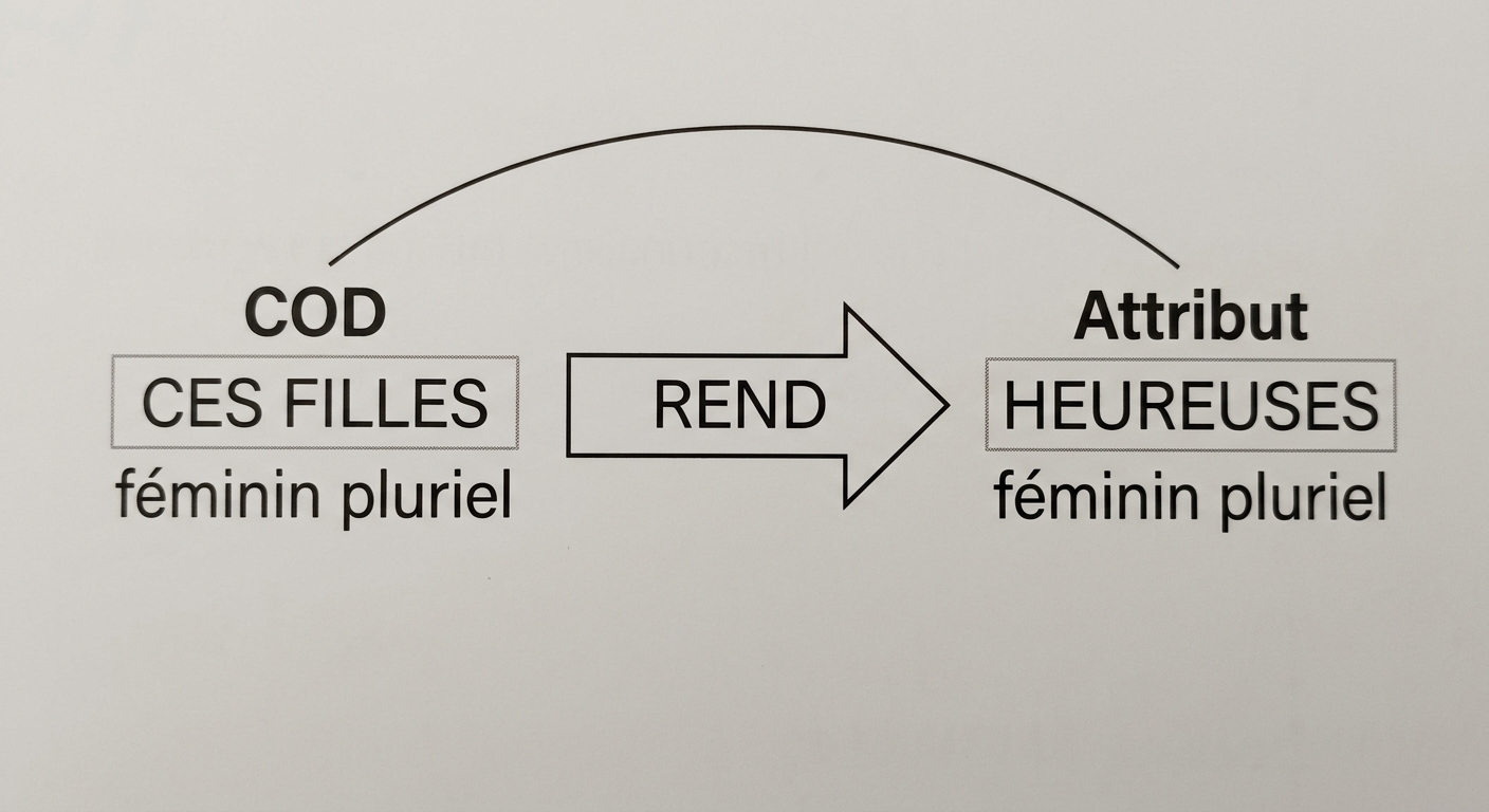 Schéma grammatical simple sur fond blanc. Au centre, le verbe 'REND' dans une flèche. À gauche, le mot 'CES FILLES' (COD, féminin pluriel). À droite, le mot 'HEUREUSES' (Attribut, féminin pluriel). Une ligne en arc de cercle relie le COD et l'Attribut pour montrer l'accord.