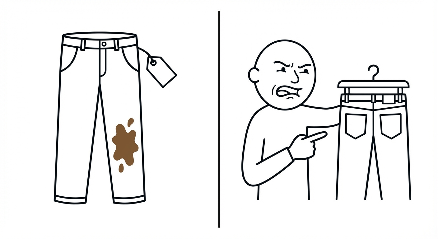Dessin simple séparé en deux parties par un trait vertical. À gauche : un pantalon avec une tache de boue visible et une étiquette de prix (achat). À droite : un personnage qui regarde un pantalon (COD) et fait une grimace de dégoût en le pointant du doigt (jugement). Fond blanc.