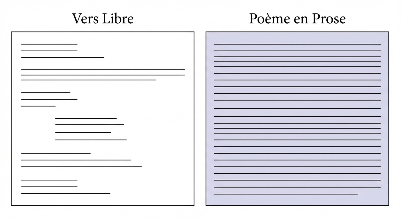 Schéma comparatif sur fond blanc. À gauche intitulé Vers Libre : des lignes de longueurs très variables, non justifiées, avec beaucoup d'espace blanc à droite. À droite intitulé Poème en Prose : un bloc de texte compact, dense et rectangulaire sans retour à la ligne prématuré.