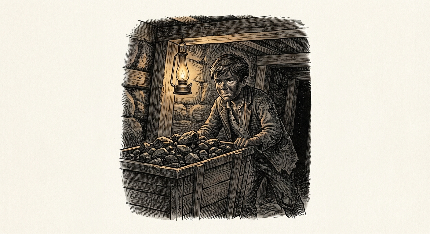 Dessin réaliste style 19e siècle. Un jeune garçon au visage noirci par le charbon pousse un chariot (wagonnet) rempli de pierres dans une galerie de mine sombre et étroite.