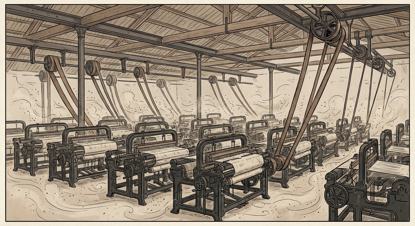 Intérieur d'une usine du 19e siècle. Salle immense avec des rangées de métiers à tisser en fonte noire. Des courroies en mouvement relient les machines au plafond. Ambiance bruyante et poussiéreuse.