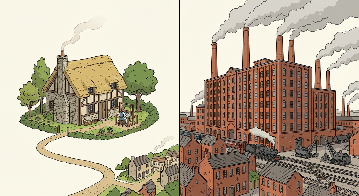 Illustration historique comparative. À gauche, une petite maison artisanale paisible. À droite, une gigantesque usine en briques rouges avec de hautes cheminées fumantes qui dominent la ville.