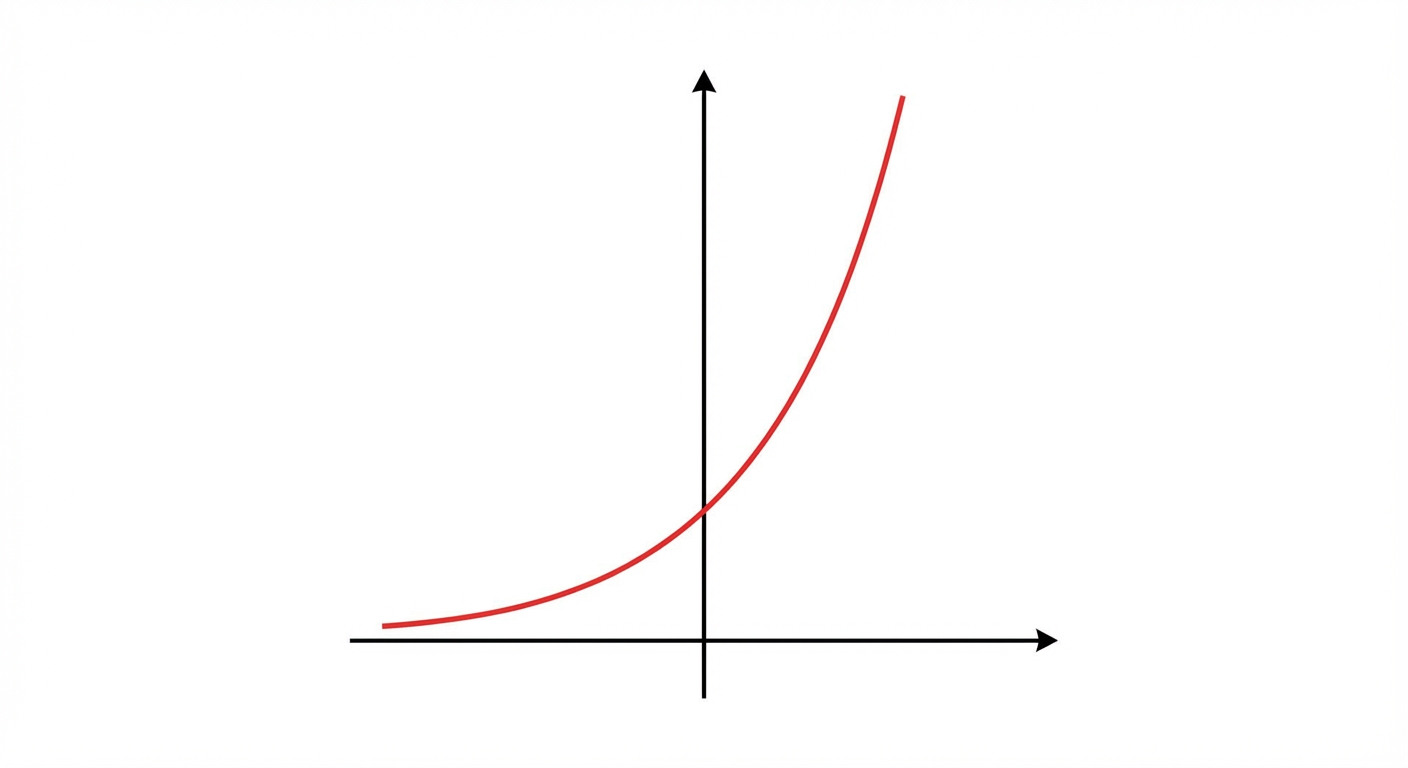 Graphique simple 2D sur fond blanc. Axes X et Y noirs. Une courbe rouge représentant la fonction exponentielle qui passe par le point (0, 1) et monte rapidement vers la droite. La courbe reste toujours au-dessus de l'axe des abscisses.