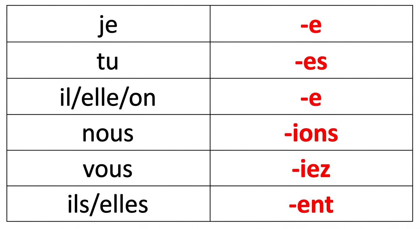 Tableau éducatif simple sur fond blanc. Colonne gauche : pronoms (je, tu, il/elle/on, nous, vous, ils/elles). Colonne droite : terminaisons en rouge et gras (-e, -es, -e, -ions, -iez, -ent).