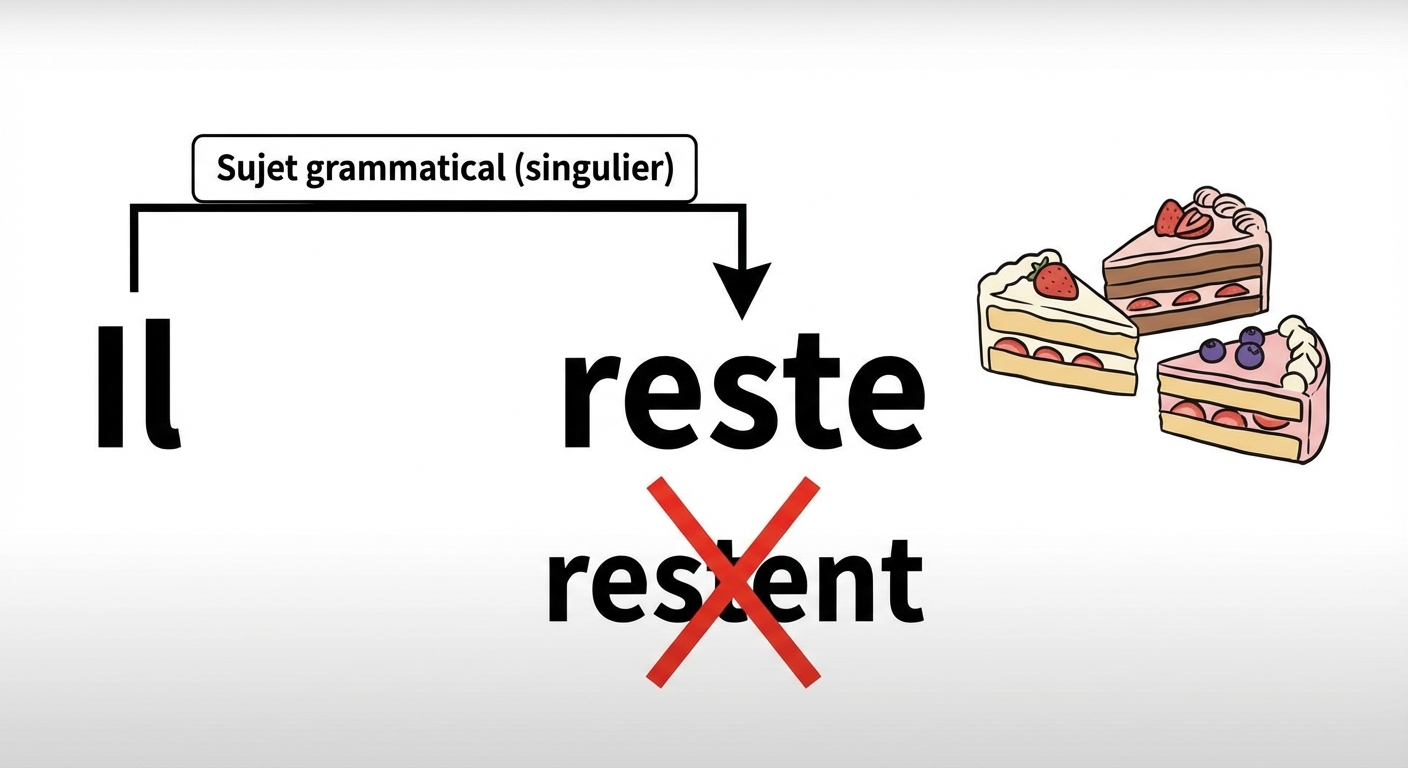 Schéma simple sur fond blanc. À gauche, en gros caractères noirs : 'Il reste'. À droite, trois parts de gâteau dessinées. Une flèche part de 'Il' vers le verbe 'reste' avec l'étiquette 'Sujet grammatical (singulier)'. Une croix rouge barre le mot 'restent' écrit en dessous pour montrer l'erreur.