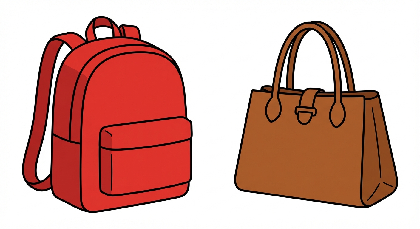 Illustration style dessin animé scolaire simple sur fond blanc. À gauche, un sac à dos d'écolier rouge. À droite, un sac à main de dame marron. Les deux sont bien distincts.