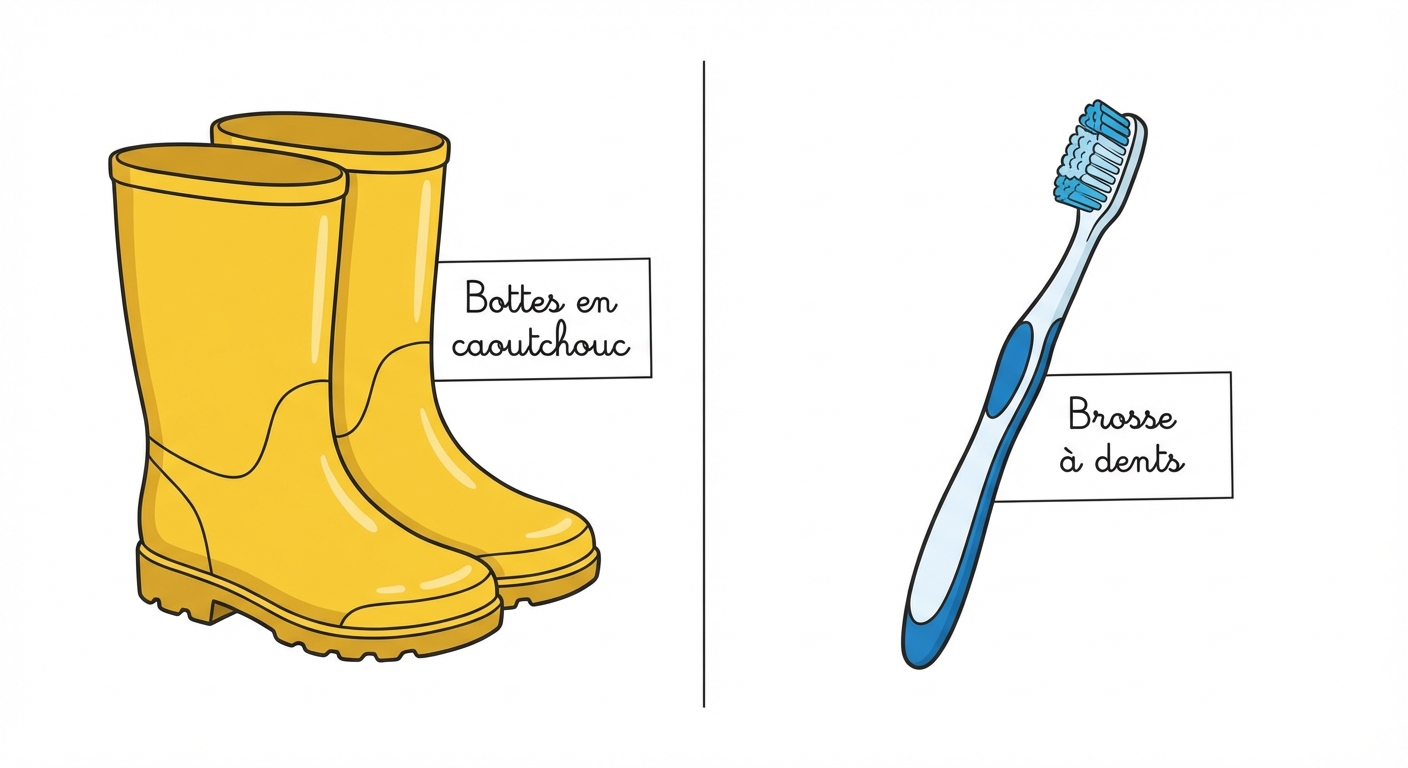 Illustration divisée en deux. Partie gauche : une paire de bottes de pluie en caoutchouc jaune, étiquetée 'Bottes en caoutchouc' (matière). Partie droite : une brosse à dents, étiquetée 'Brosse à dents' (usage). Fond blanc épuré.