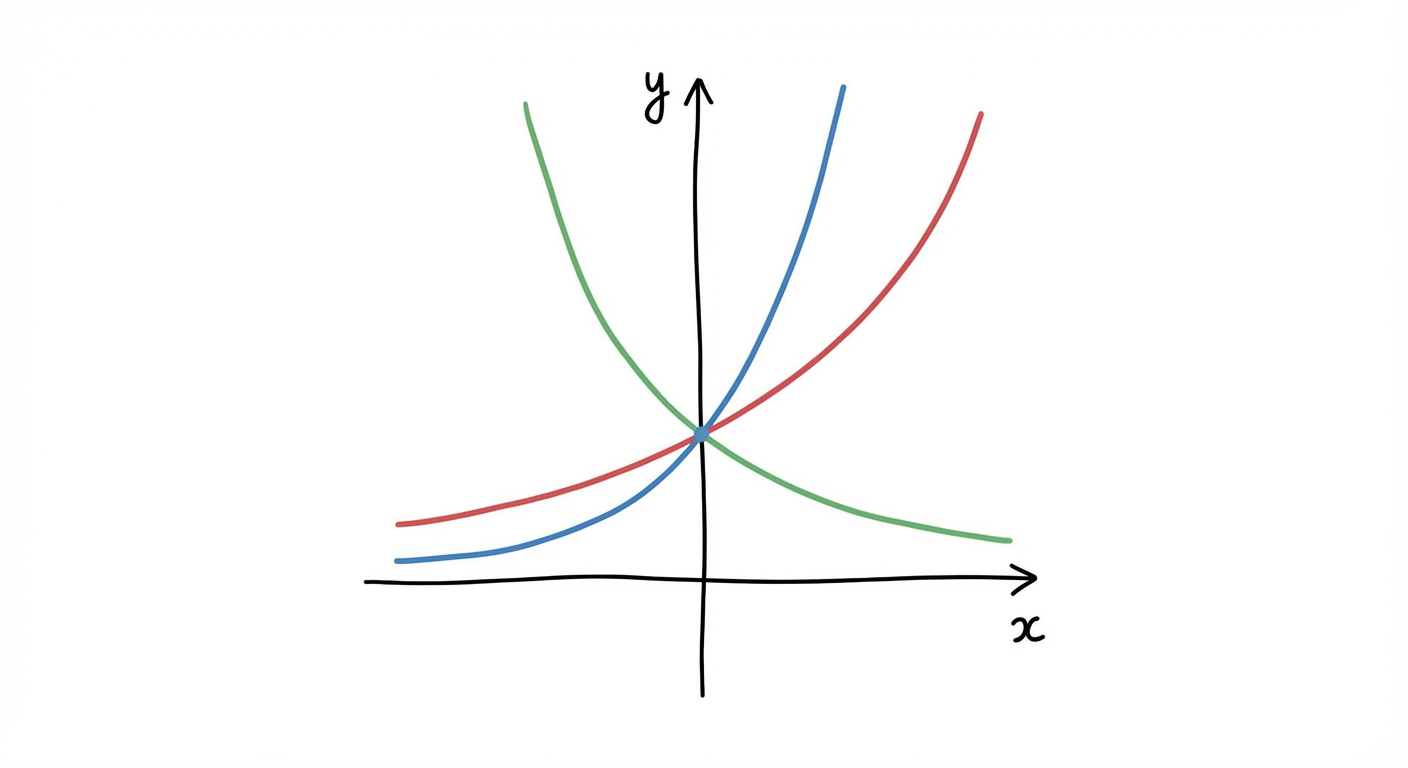 Graphique épuré sur fond blanc avec axes x et y. Trois courbes de fonctions exponentielles (croissantes et décroissantes) passant toutes par le point (0, 1), illustrant différents paramètres a.