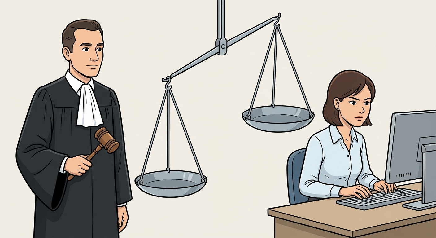 Illustration style bande dessinée simple en 2D. À gauche, un avocat en robe noire tient un marteau de juge. À droite, une secrétaire tape sur un ordinateur. Une balance au milieu penche fortement vers l'avocat pour montrer que son temps a plus de valeur économique.