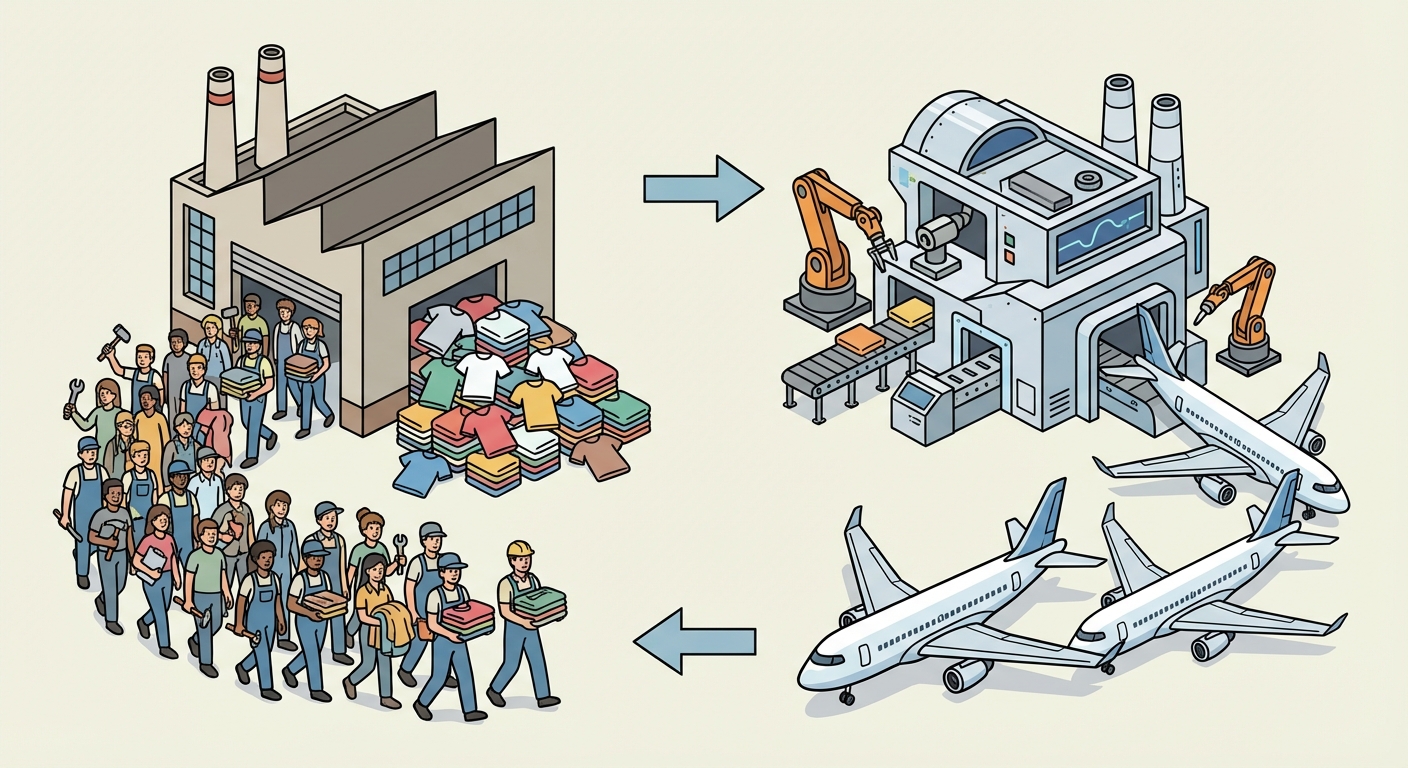 Schéma simple en deux parties. Partie gauche : Une usine avec une foule de travailleurs (Abondance Travail) -> produit des T-shirts. Partie droite : Une usine robotisée de haute technologie (Abondance Capital/Tech) -> produit des avions. Une flèche d'échange relie les deux.