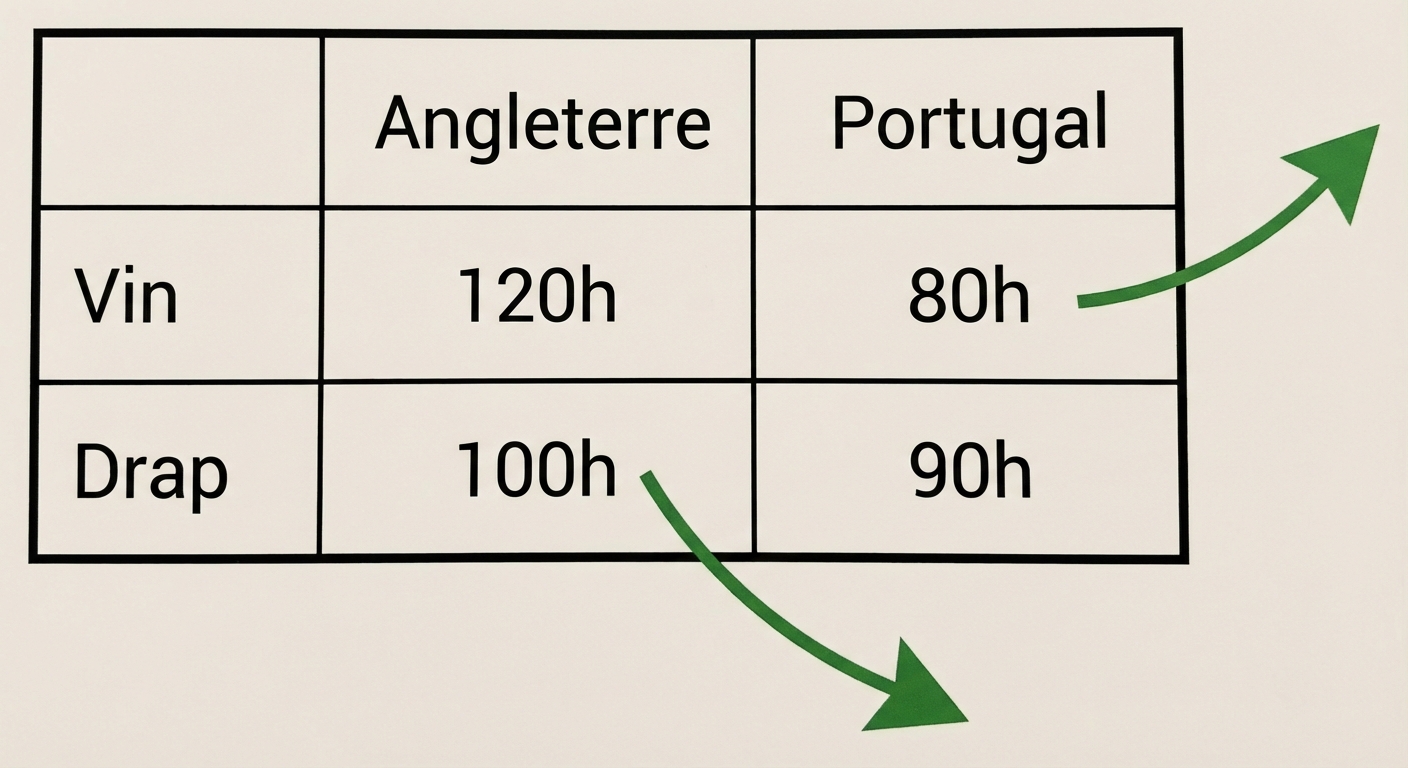 Tableau simple à double entrée sur fond blanc. Colonnes : Angleterre, Portugal. Lignes : Vin, Drap. Case Angleterre/Vin : 120h. Case Angleterre/Drap : 100h (Moins cher pour elle). Case Portugal/Vin : 80h (Beaucoup moins cher). Case Portugal/Drap : 90h. Des flèches vertes montrent la spécialisation : Drap pour Angleterre, Vin pour Portugal.
