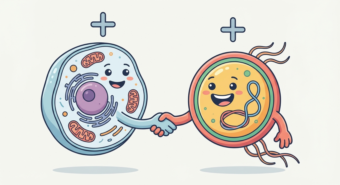 Illustration conceptuelle simple style dessin animé : deux personnages se serrent la main. À gauche un personnage représentant une cellule humaine souriante, à droite un personnage rond et coloré représentant une bactérie gentille. Un signe 'plus' (+) est visible au-dessus de chacun d'eux.