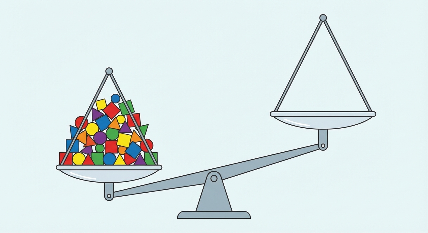 Dessin d'une balance à deux plateaux. Le plateau de gauche est lourd et contient une grande variété de formes colorées (carrés, ronds, triangles de toutes les couleurs) représentant la diversité. Le plateau de droite est léger et vide. Le fléau de la balance penche vers la diversité.