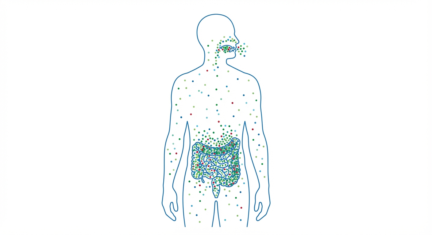 Schéma simple d'une silhouette humaine vue de face, style médical épuré. Des zones colorées indiquent la présence de microbes : des petits points sur la peau, dans la bouche, et une concentration très dense et visible de points dans la zone des intestins. Fond blanc.