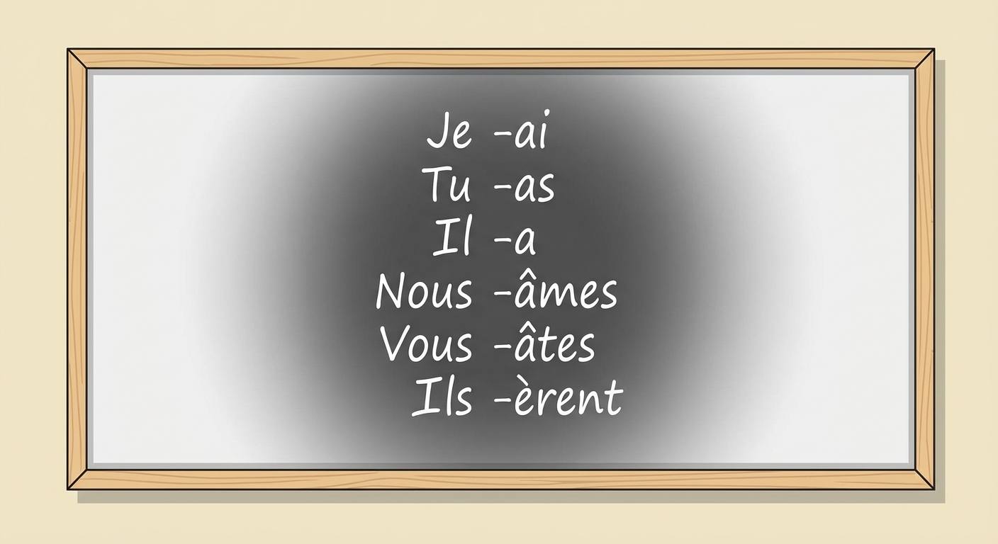 Tableau blanc d'école simple. Écrit à la craie blanche, en colonne : Je -ai, Tu -as, Il -a, Nous -âmes, Vous -âtes, Ils -èrent.