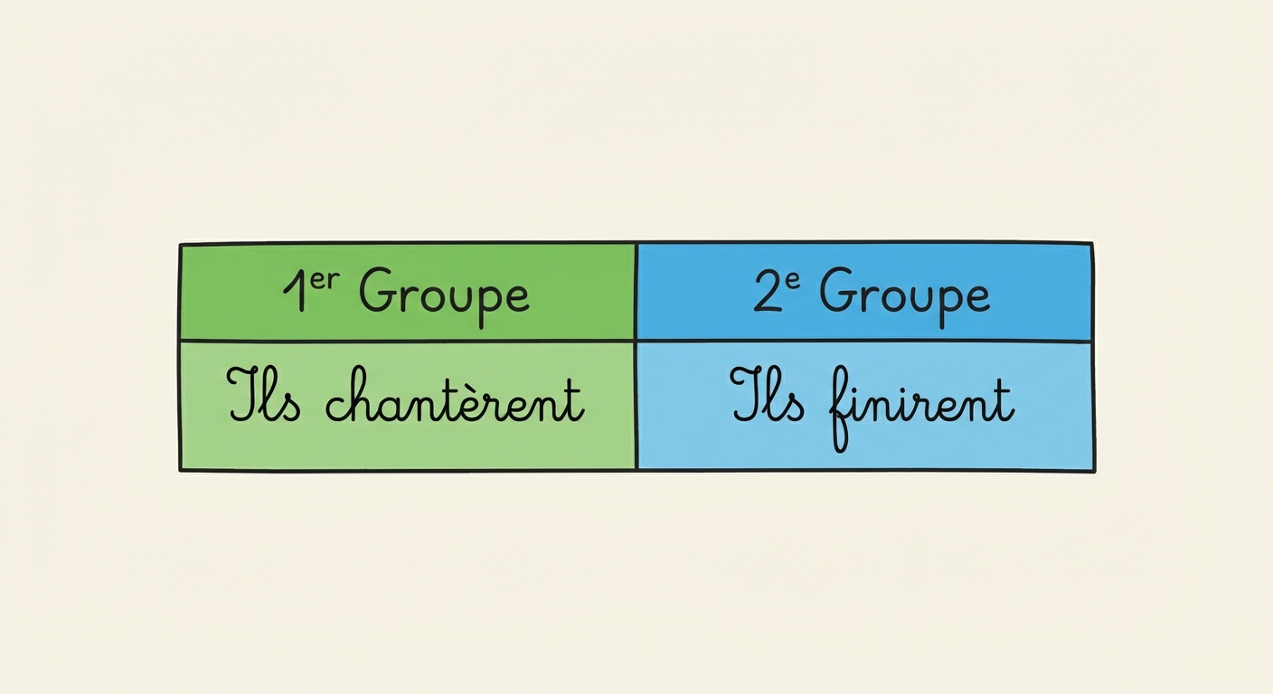 Schéma simple avec deux cases colorées. Case gauche verte marquée '1er Groupe' contenant le texte 'Ils chantèrent'. Case droite bleue marquée '2e Groupe' contenant le texte 'Ils finirent'.