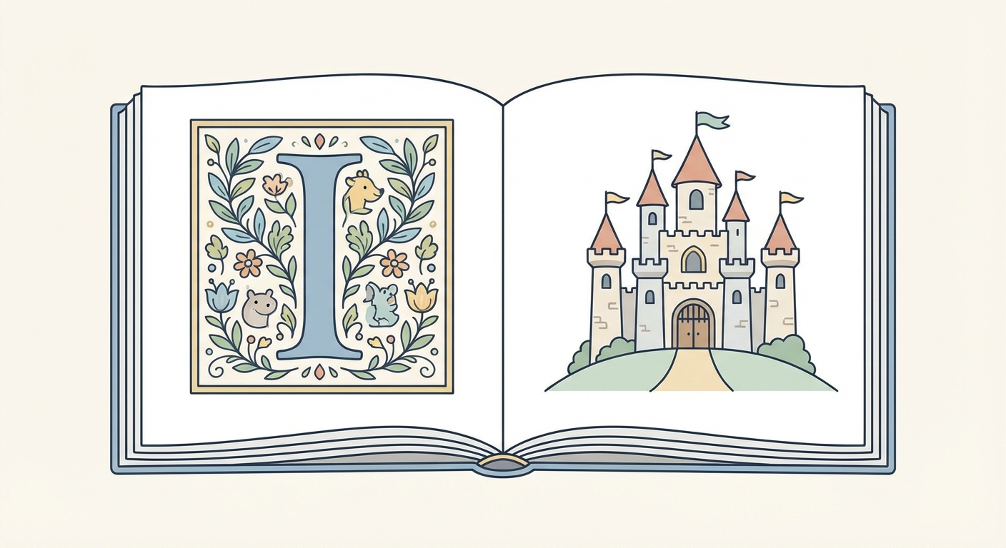 Illustration style livre de contes pour enfants ouvert. Sur la page de gauche, une lettrine majuscule I décorée. Sur la page de droite, une image de château simple.