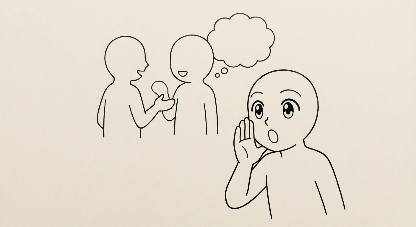 Dessin simple au trait. Deux personnages au fond discutent entre eux. Au premier plan, un troisième personnage regarde directement le spectateur en mettant sa main en porte-voix près de sa bouche (geste de secret).