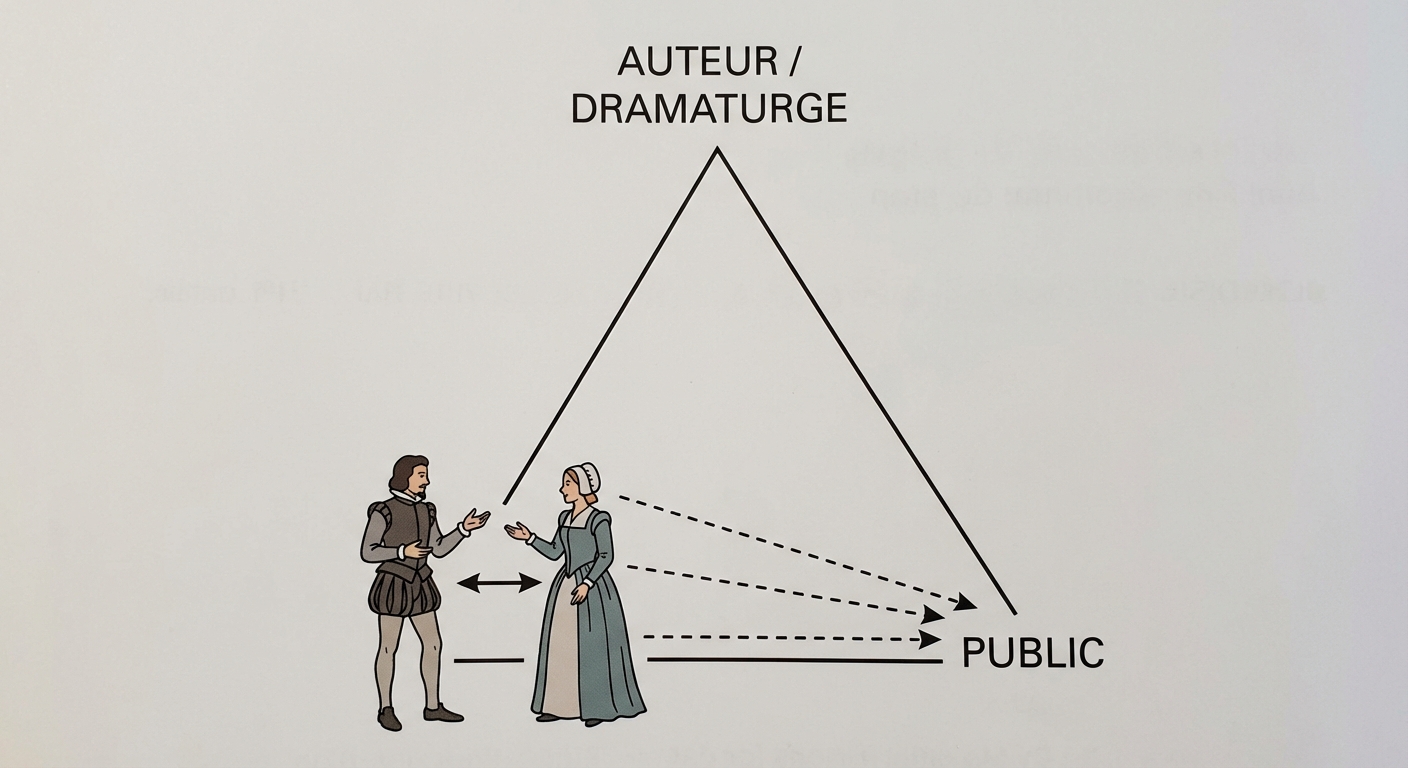 Schéma simple et épuré sur fond blanc. Un triangle. Au sommet, écrit : AUTEUR / DRAMATURGE. En bas à gauche, deux personnages en costume se parlent (flèche pleine entre eux). En bas à droite, le mot PUBLIC. Des flèches en pointillés partent des personnages vers le public.