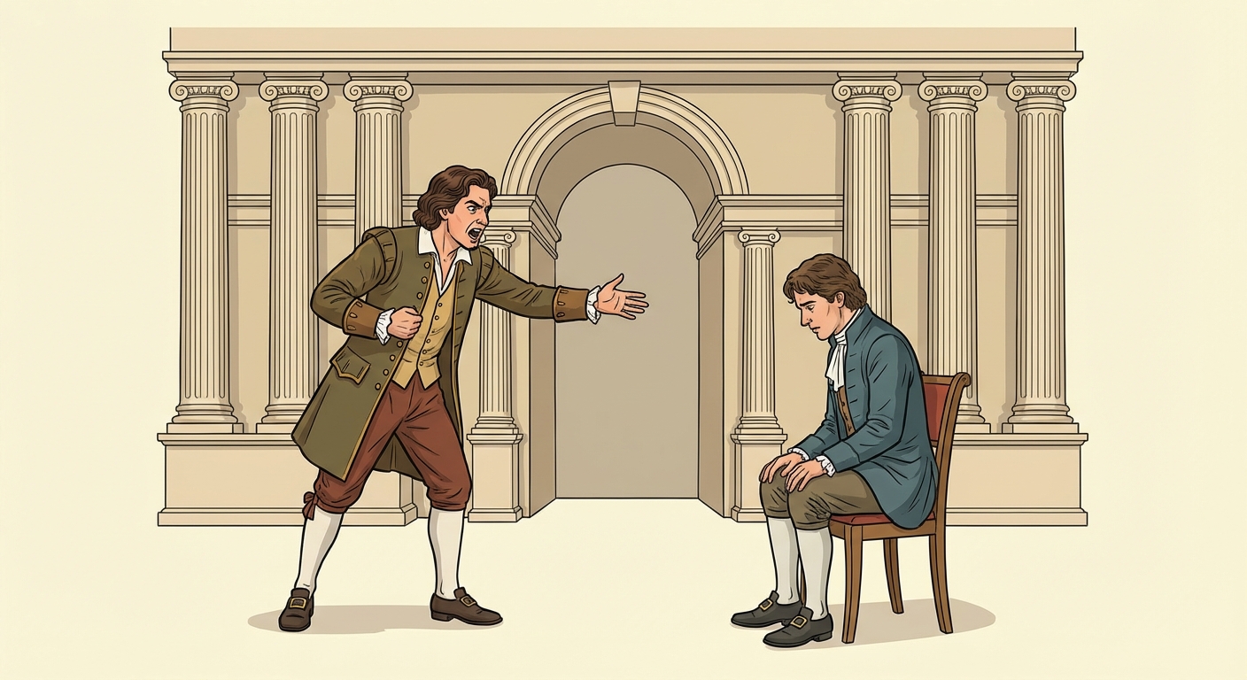 Illustration réaliste. Un personnage debout, posture éloquente, bras tendu, visage passionné, s'adresse à un autre personnage assis, tête baissée, qui l'écoute. Décor de théâtre classique.
