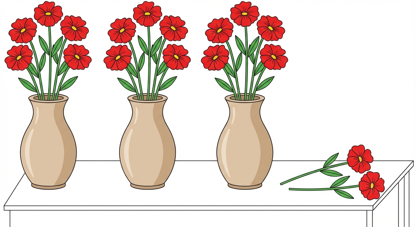 Dessin sur fond blanc. Trois vases alignés contenant chacun exactement 5 fleurs rouges. À côté des vases, posées sur la table, 2 fleurs rouges isolées. Le tout représente bien 17 fleurs au total.
