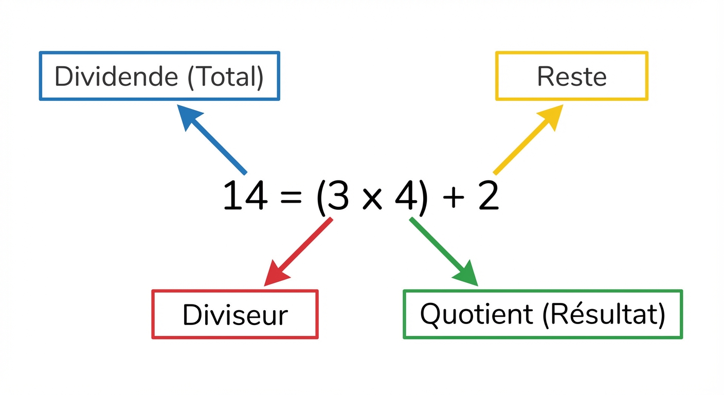 Schéma simple sur fond blanc. Au centre, le calcul écrit en ligne : '14 = (3 x 4) + 2'. Des flèches colorées partent de chaque nombre vers des étiquettes. 14 est étiqueté 'Dividende (Total)', 3 est 'Diviseur', 4 est 'Quotient (Résultat)', 2 est 'Reste'.