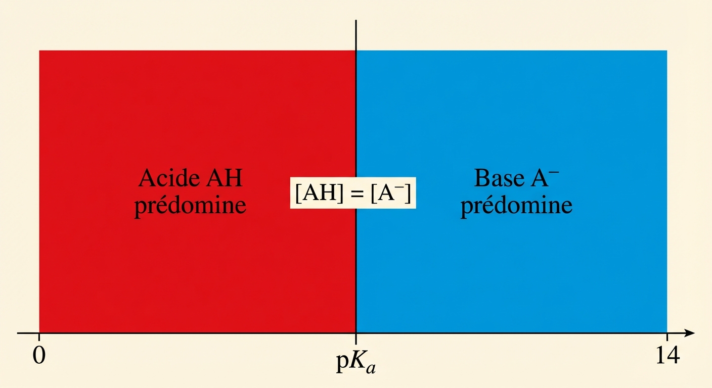 Axe horizontal de pH de 0 à 14. Un trait vertical au milieu marqué 'pKa'. Zone gauche (pH < pKa) en rouge 'Acide AH prédomine'. Zone droite (pH > pKa) en bleu 'Base A- prédomine'. Au centre : [AH] = [A-].