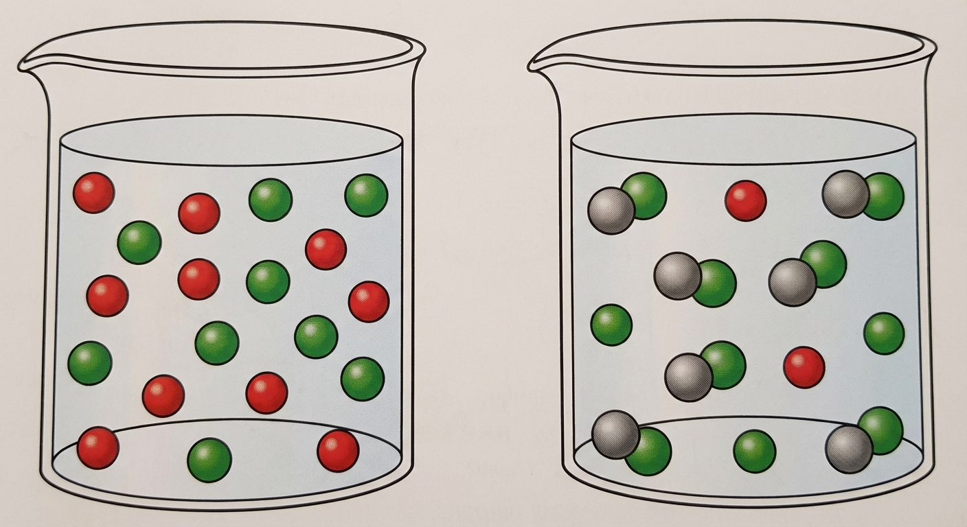 Schéma comparatif de deux béchers. Gauche 'Acide Fort' : contient uniquement des ions H3O+ (rouges) et A- (verts) séparés. Droite 'Acide Faible' : contient une majorité de molécules AH (duo gris/vert) et quelques ions H3O+ et A- isolés.