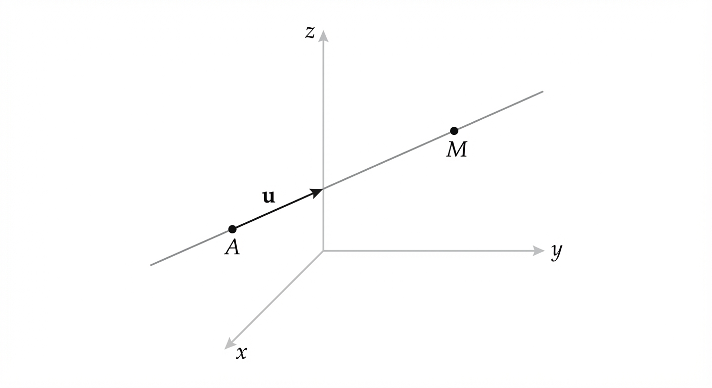 Schéma 3D épuré sur fond blanc avec les axes x, y, z en gris clair. Une droite traverse l'espace. Sur cette droite, un point A est marqué et un vecteur u est représenté par une flèche partant de A sur la droite. Un point M est placé plus loin.
