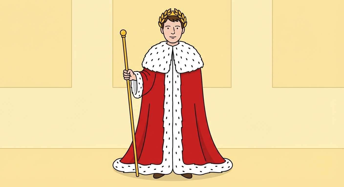 Dessin style illustration pour enfant vu de face. Un homme se tient debout habillé en empereur. Il porte un long manteau rouge bordé de fourrure blanche avec des petits points noirs. Sur sa tête, il porte une couronne de feuilles de laurier dorées. Il tient un long bâton doré dans sa main droite. Le fond est un mur de palais jaune clair.