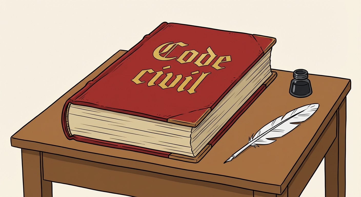 Dessin simple d'un très gros livre ancien fermé, posé à plat sur un bureau en bois marron. La couverture du livre est en cuir rouge avec le titre Code civil écrit en grosses lettres dorées au centre. Exactement une plume d'oie blanche et un petit encrier noir sont posés sur le bureau, à droite du livre.