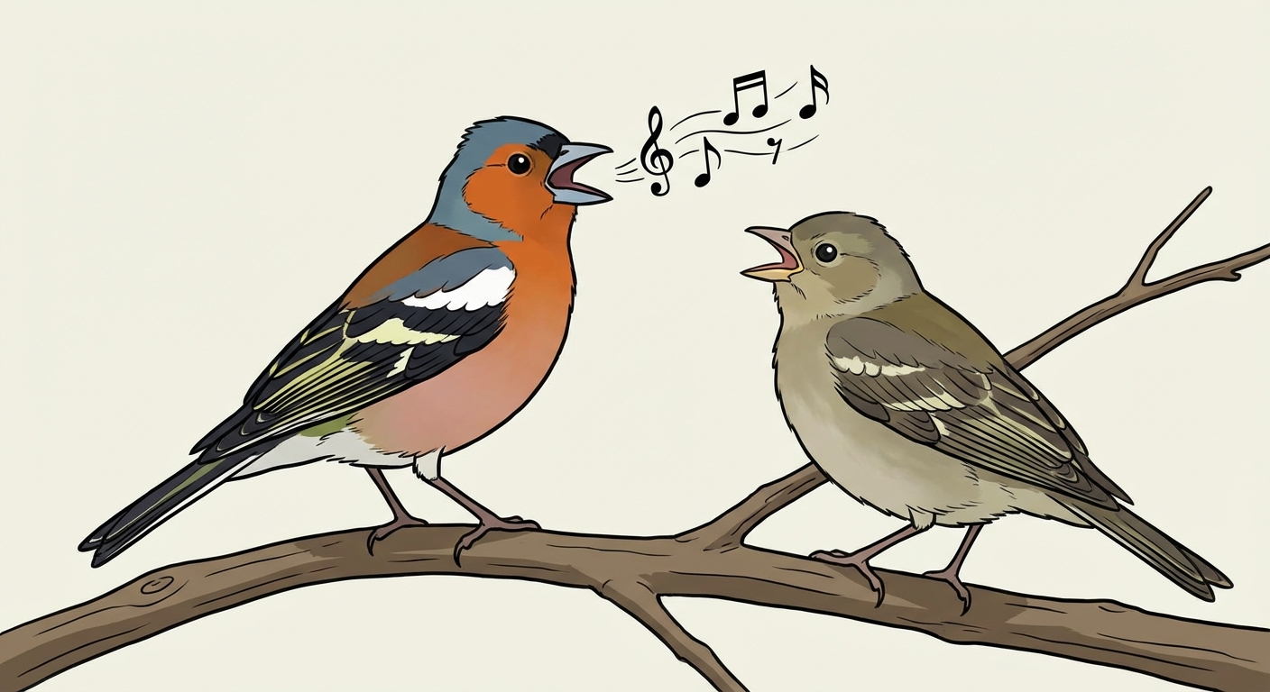 Dessin naturaliste simple : deux oiseaux (pinsons) posés sur une branche d'arbre. L'oiseau de gauche, adulte au plumage coloré, a le bec ouvert comme s'il chantait (notes de musique dessinées). L'oiseau de droite, plus jeune et terne, regarde l'adulte et a aussi le bec ouvert, essayant d'imiter.