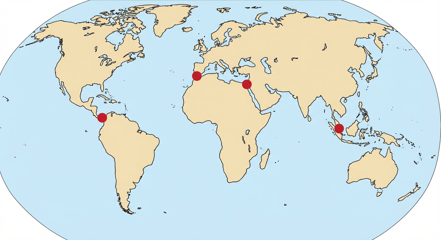 Carte du monde simplifiée style scolaire, fond blanc, continents en beige, océans en bleu clair. Quatre cercles rouges indiquent : le Canal de Panama, le Canal de Suez, le Détroit de Gibraltar et le Détroit de Malacca.