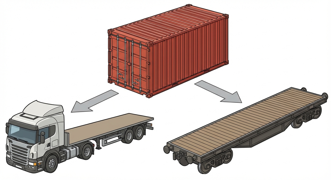 Schéma simple sur fond blanc montrant une boîte rectangulaire métallique rouge (un conteneur). Une flèche grise montre qu'elle peut être posée sur un camion, une autre flèche montre qu'elle peut être posée sur un wagon de train.