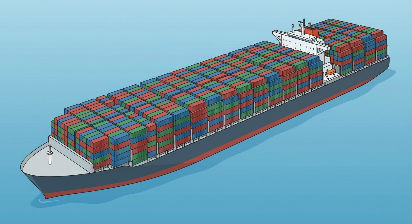 Illustration réaliste vue de dessus en oblique d'un immense porte-conteneurs naviguant sur une mer calme. Le pont du navire est rempli de centaines de conteneurs rectangulaires multicolores (rouge, bleu, vert) empilés proprement.