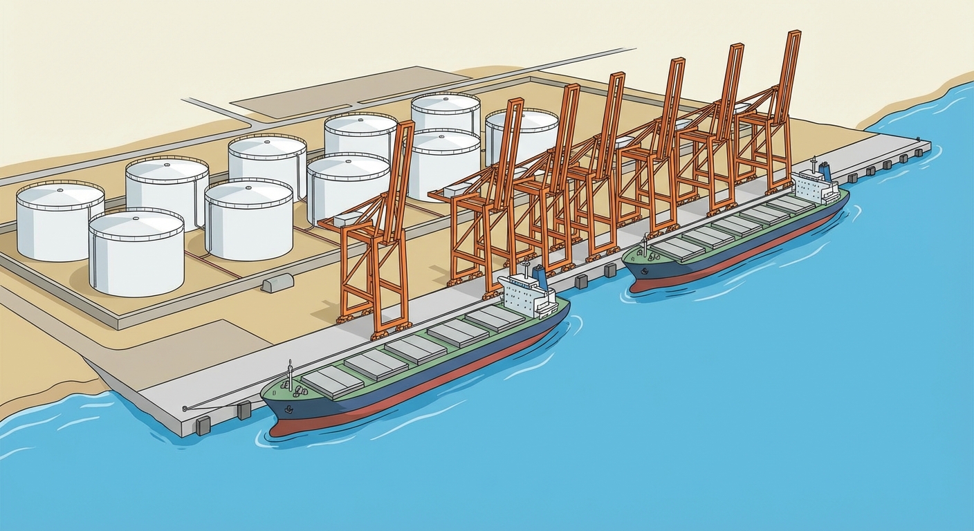 Dessin vue aérienne d'un littoral. Au premier plan, de l'eau bleue avec deux gros navires à quai. Juste derrière, sur la terre ferme, de grandes cuves blanches cylindriques (pétrole) et des grues oranges alignées.