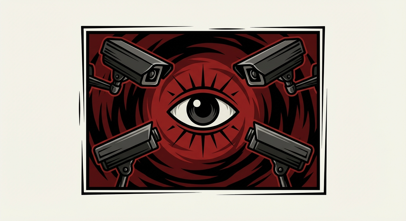 Illustration style affiche de propagande sombre : un grand œil ouvert au centre, entouré de caméras de surveillance, sur un fond rouge et noir inquiétant.