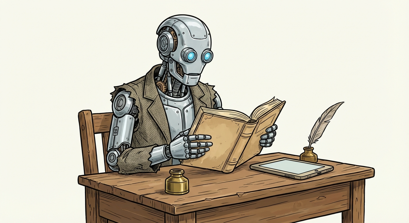 Dessin détaillé d'un robot humanoïde en métal argenté, assis à un bureau, en train de lire un livre en papier avec ses yeux lumineux bleus, mélangeant ancien et futur.