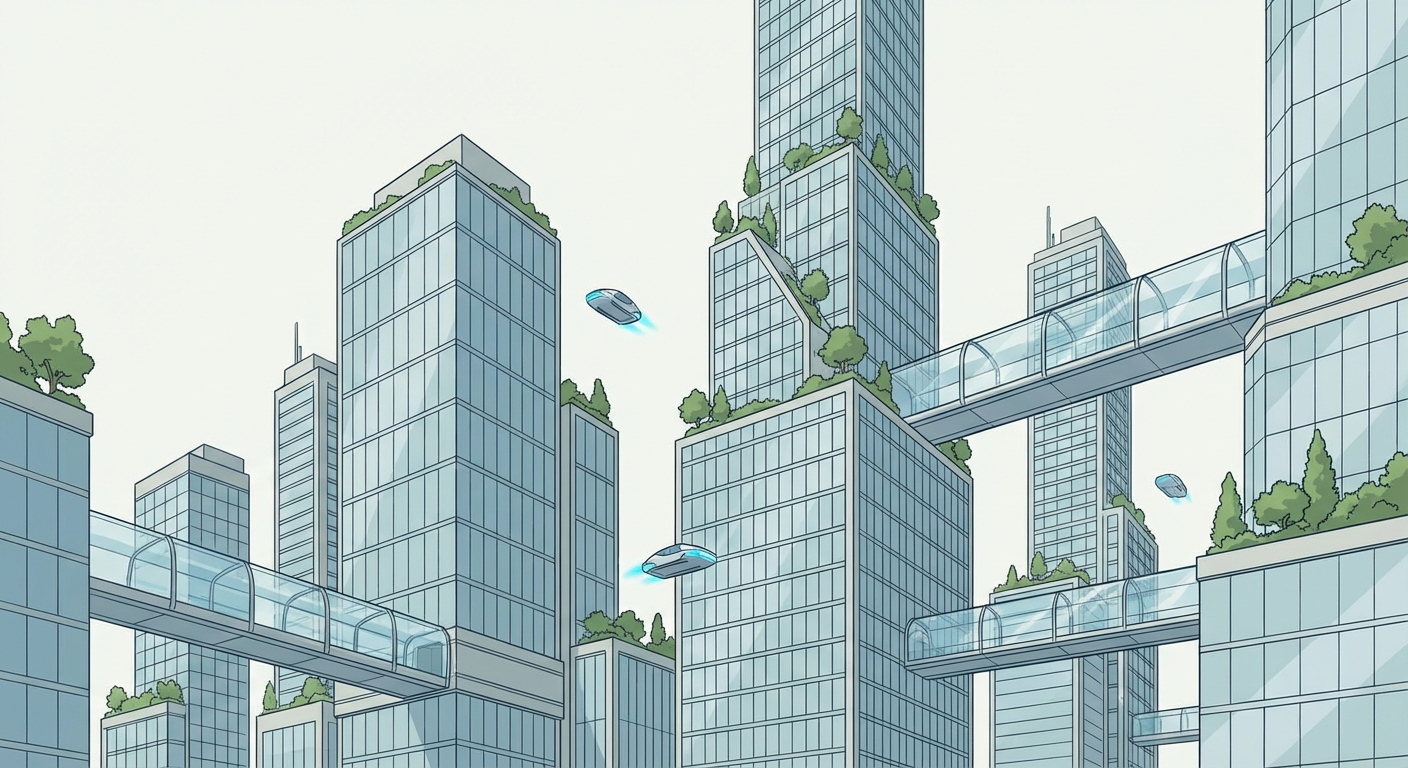 Illustration réaliste d'une ville futuriste avec de très hauts gratte-ciels en verre, des passerelles aériennes, des véhicules volants et une végétation verte qui pousse sur les toits des immeubles.