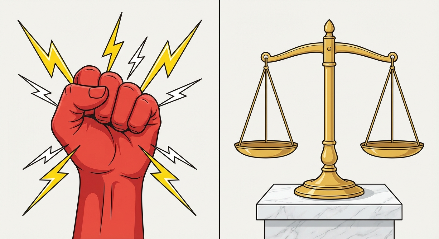 Illustration scindée en deux parties verticales. À gauche, un poing rouge serré entouré d'éclairs symbolisant la colère. À droite, une balance en or classique, parfaitement équilibrée, posée sur un socle en marbre blanc, symbolisant le calme.