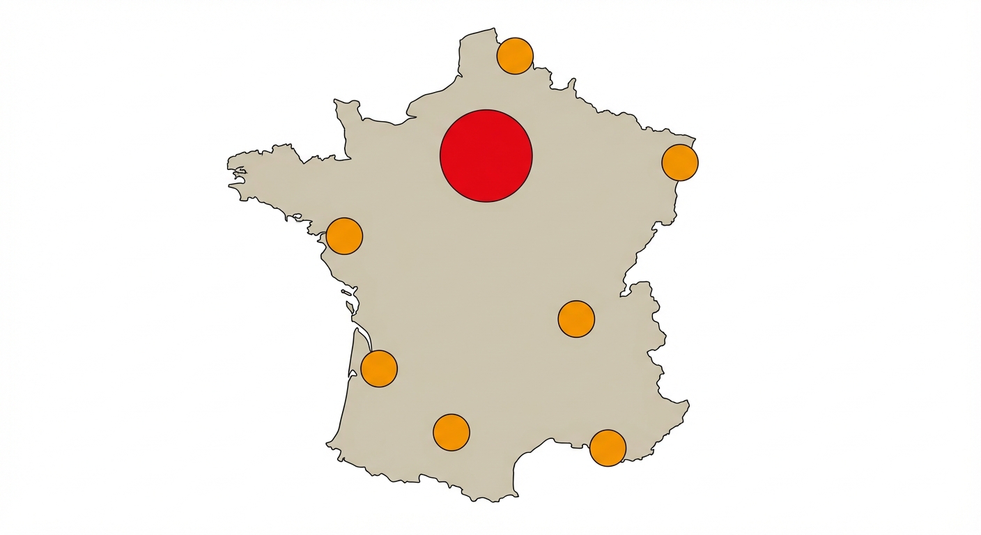 Carte de France simplifiée sur fond blanc. Un très gros cercle rouge à l'emplacement de Paris (Métropole mondiale). Des cercles orange moyens à Lyon, Marseille, Lille, Bordeaux, Toulouse, Nantes et Strasbourg (Métropoles régionales).