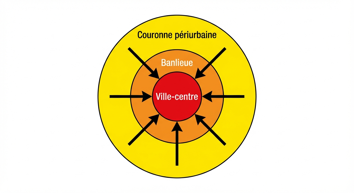 Schéma pédagogique simple sur fond blanc. Au centre, un disque rouge légendé 'Ville-centre'. Autour, un anneau orange collé au centre légendé 'Banlieue'. Autour de l'ensemble, un grand anneau jaune plus large légendé 'Couronne périurbaine'. Des flèches noires partent de la zone jaune vers la zone rouge.
