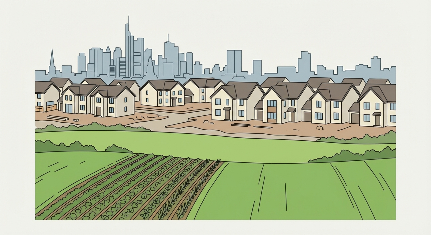 Paysage périurbain de jour. Au premier plan, un champ vert en partie cultivé. Au second plan, construction d'un lotissement de maisons neuves identiques. À l'arrière-plan, la silhouette lointaine d'une grande ville.