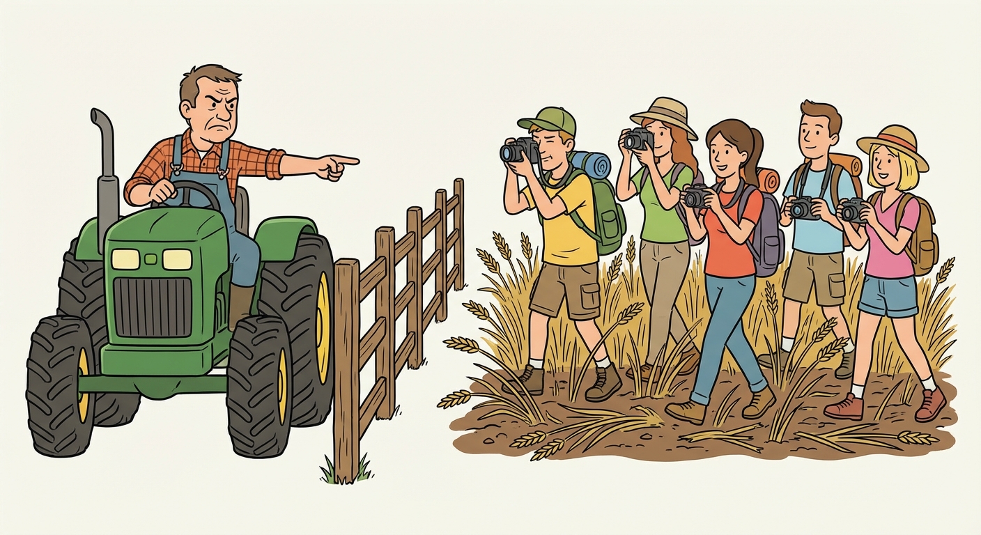 Dessin montrant d'un côté un agriculteur sur un tracteur vert, le visage mécontent, pointant du doigt une barrière. De l'autre côté de la barrière, un groupe de touristes avec des appareils photo qui marchent sur des cultures écrasées. Pas de texte explicatif.