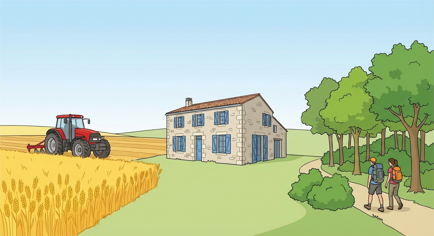 Dessin simple montrant un paysage divisé en trois parties. À gauche, un tracteur rouge dans un champ de blé jaune. Au centre, une maison en pierre rénovée avec des volets bleus. À droite, une petite forêt verte avec deux randonneurs portant des sacs à dos. Ciel bleu clair sans aucun texte.