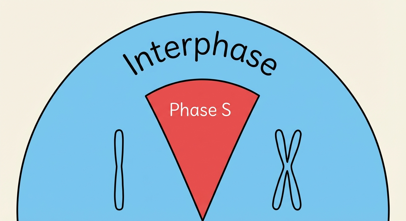 Schéma en camembert du cycle cellulaire. Une grande partie 'Interphase' contient un secteur rouge nommé 'Phase S'. Dessins de chromosomes : un simple bâtonnet avant la phase S, devenant un X (deux chromatides) après la phase S.