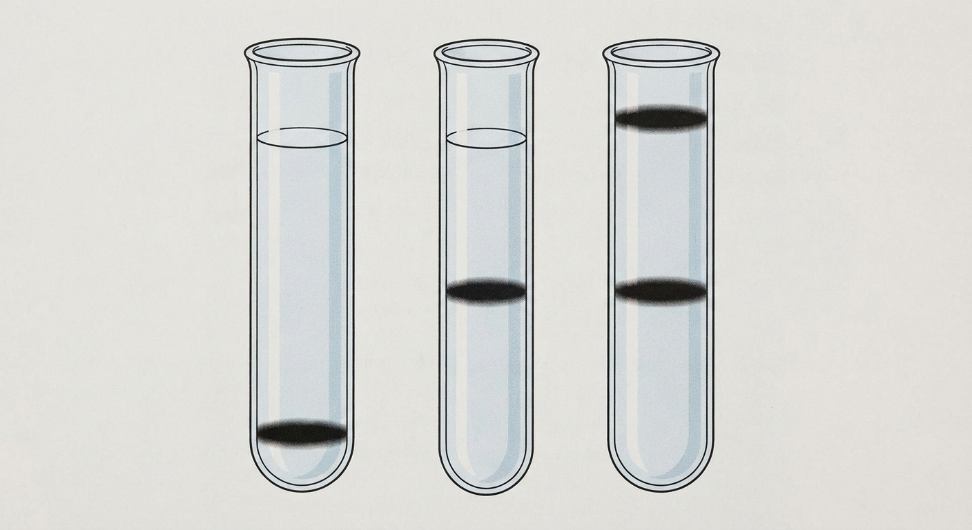 3 tubes à essai. Tube 1 (Témoin N15) : bande en bas. Tube 2 (Génération 1) : bande unique au milieu (ADN hybride). Tube 3 (Génération 2) : deux bandes, une au milieu et une en haut (ADN léger).