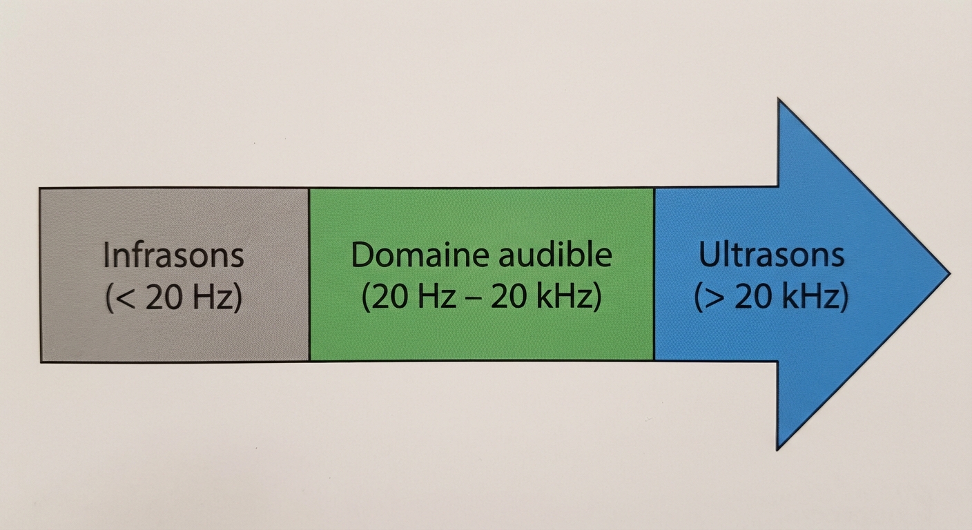 Schéma simple d'une frise horizontale fléchée vers la droite représentant la fréquence. Trois zones colorées distinctes. Zone gauche (grise) : Infrasons (< 20 Hz). Zone milieu (verte) : Domaine audible (20 Hz - 20 kHz). Zone droite (bleue) : Ultrasons (> 20 kHz).